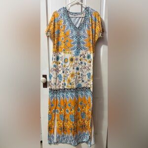 Women’s Yellow Floral Maxi Dress with Blue Accents